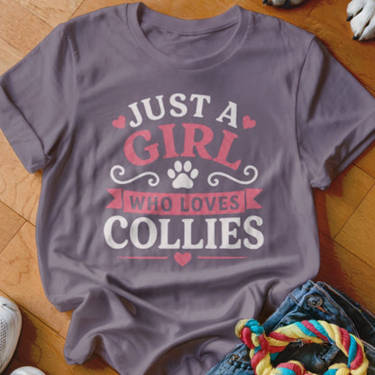 Purple t-shirt with "Just a girl who loves collies" text and paw print.
