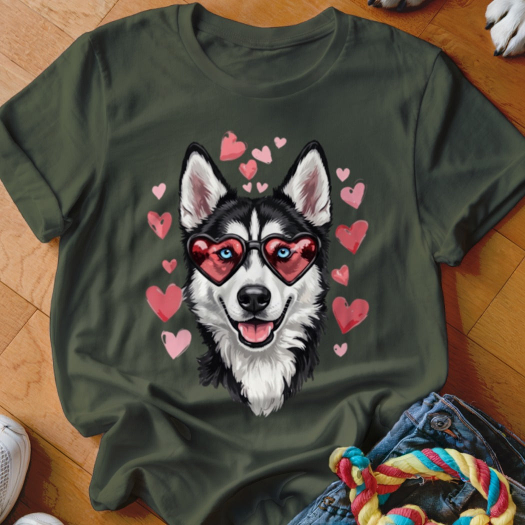 Dark green t-shirt featuring a graphic of a husky wearing heart-shaped sunglasses, surrounded by pink hearts.