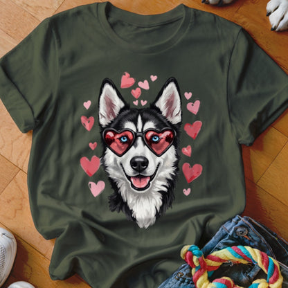 Dark green t-shirt featuring a graphic of a husky wearing heart-shaped sunglasses, surrounded by pink hearts.