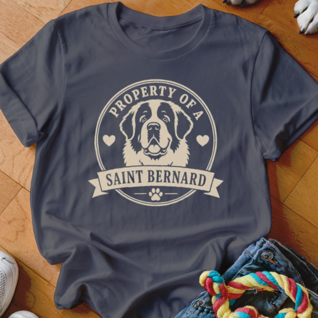 Dark blue t-shirt with "Property of a Saint Bernard" design and dog portrait.