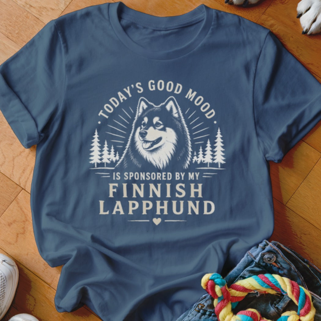 Blue t-shirt with graphic of Finnish Lapphund and text "Today's good mood is sponsored by my Finnish Lapphund."