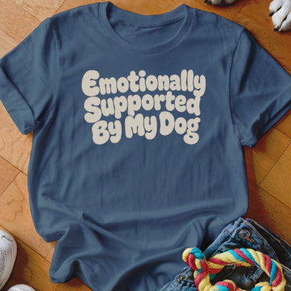 Blue t-shirt with "Emotionally Supported By My Dog" text in cream.
