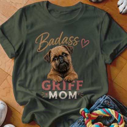T-shirt with a Brussels Griffon dog, "Badass Griff Mom" text, and heart graphic.