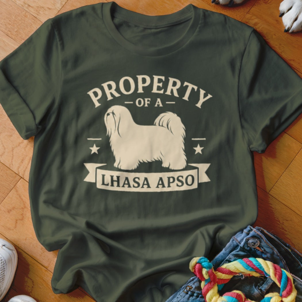 Olive green t-shirt with a cream graphic of a Lhasa Apso dog and text "PROPERTY OF A LHASA APSO".