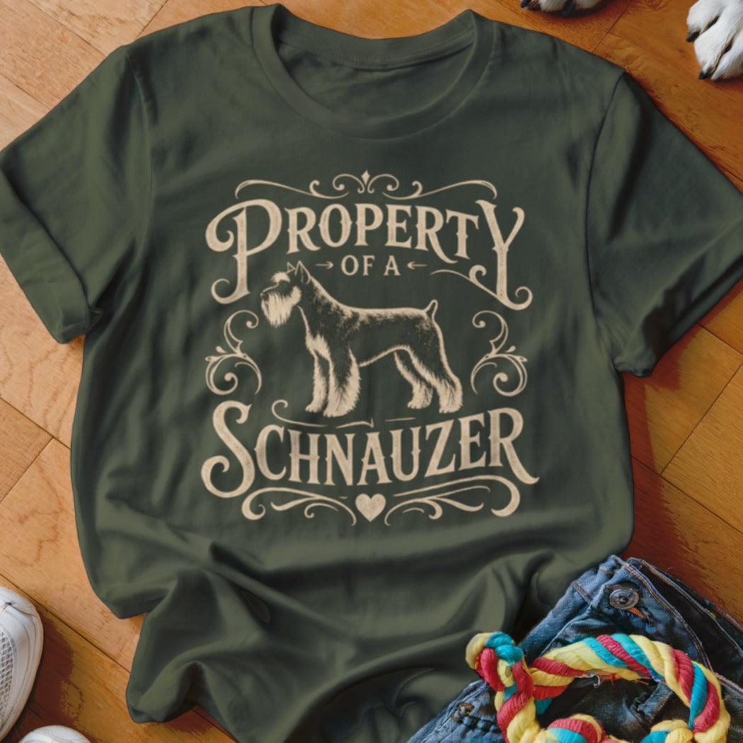 Green t-shirt with "PROPERTY OF A SCHNAUZER" text and schnauzer dog illustration.