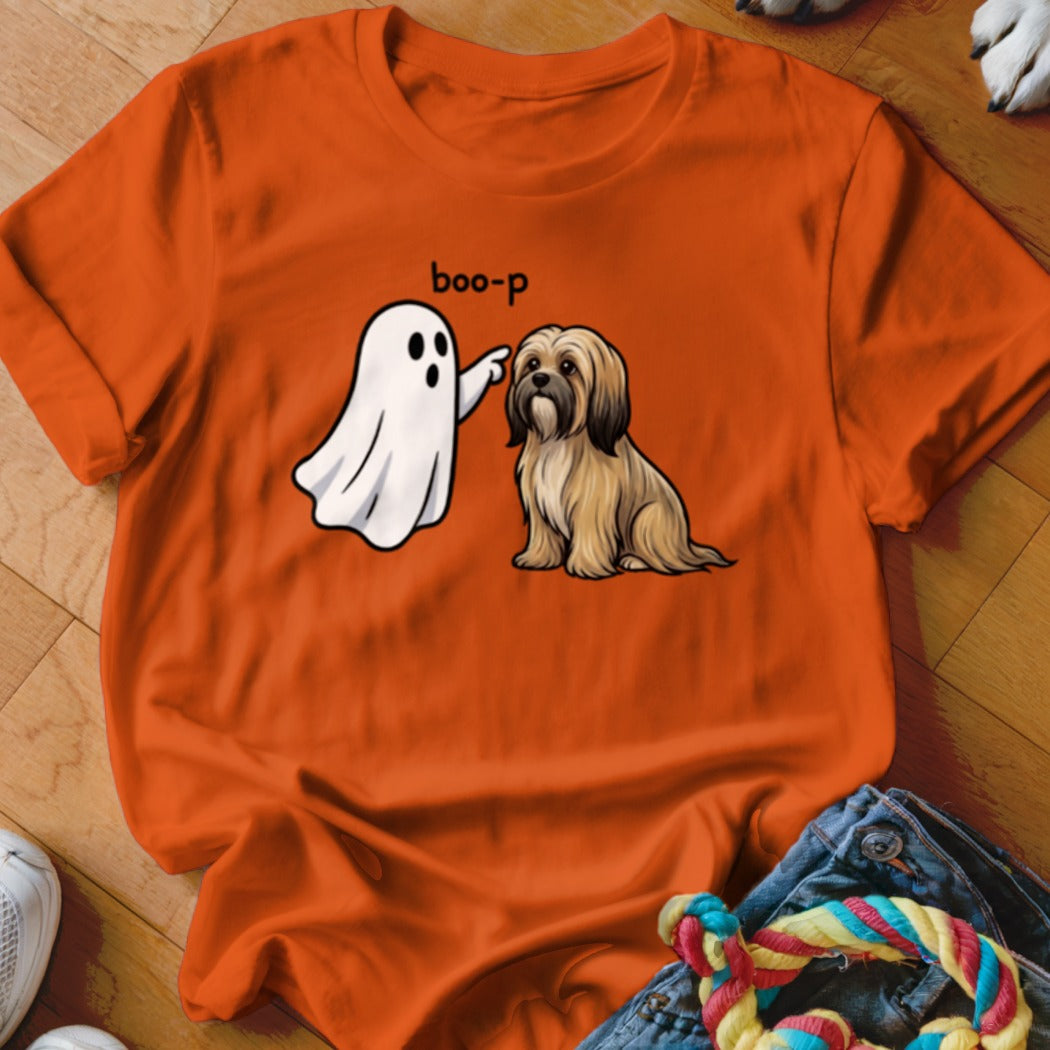 Ghost gently boops a fluffy brown dog with the text "boo-p".