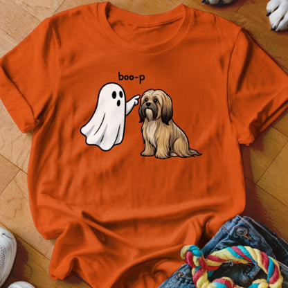 Ghost gently boops a fluffy brown dog with the text "boo-p".