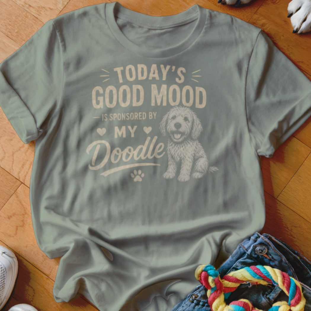 Light blue t-shirt with text "Today's Good Mood is Sponsored by My Doodle" and dog graphic.