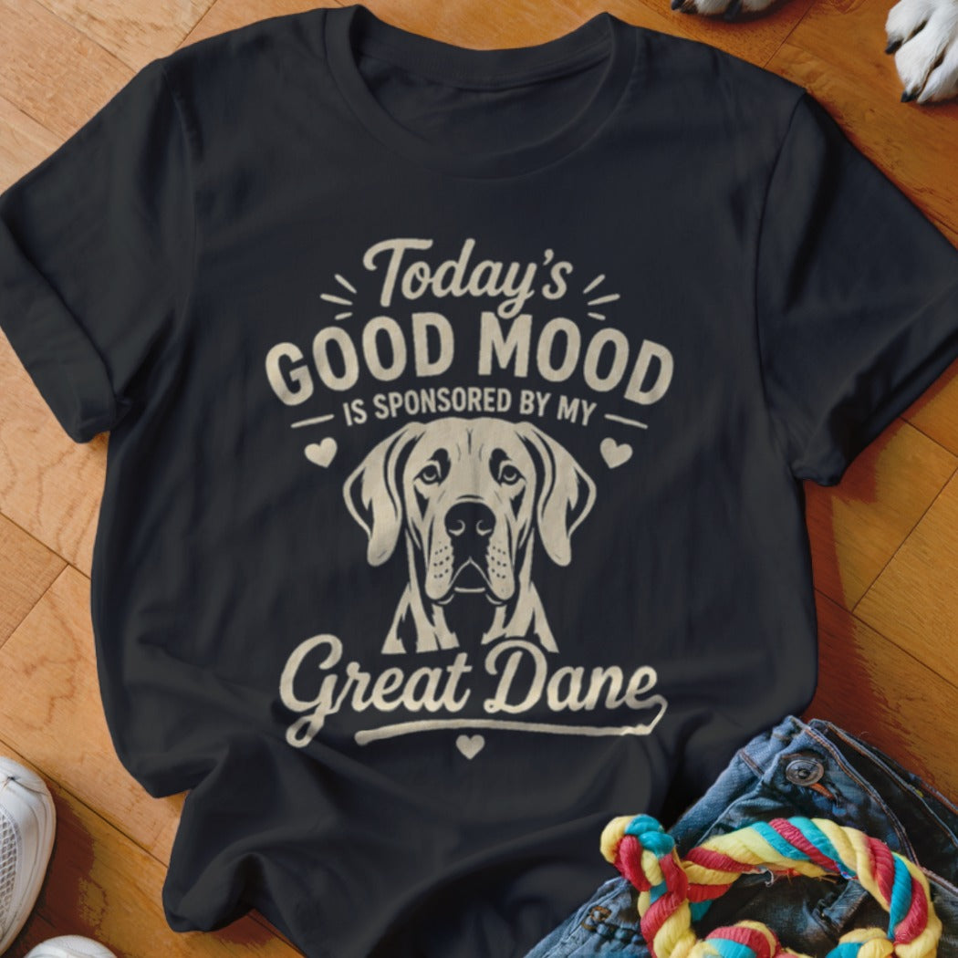 Black t-shirt with "Today's Good Mood is Sponsored by My Great Dane" and dog graphic.