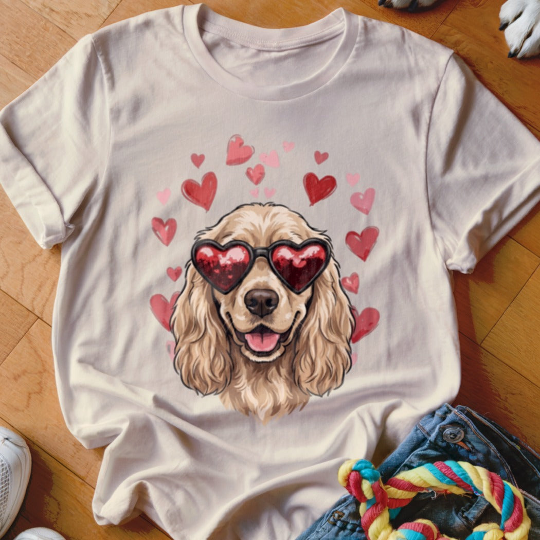 Light-colored t-shirt featuring an illustration of a cocker spaniel wearing heart-shaped sunglasses surrounded by pink hearts.