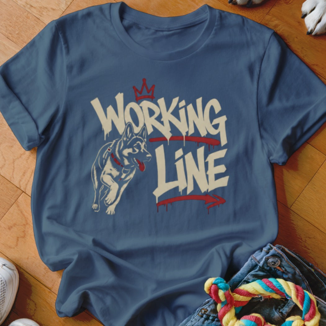 Blue t-shirt with a distressed graphic of a German Shepherd and "WORKING LINE" text.
