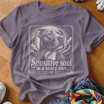 Purple t-shirt with a pit bull portrait and text "Sensitive soul in a scary suit."