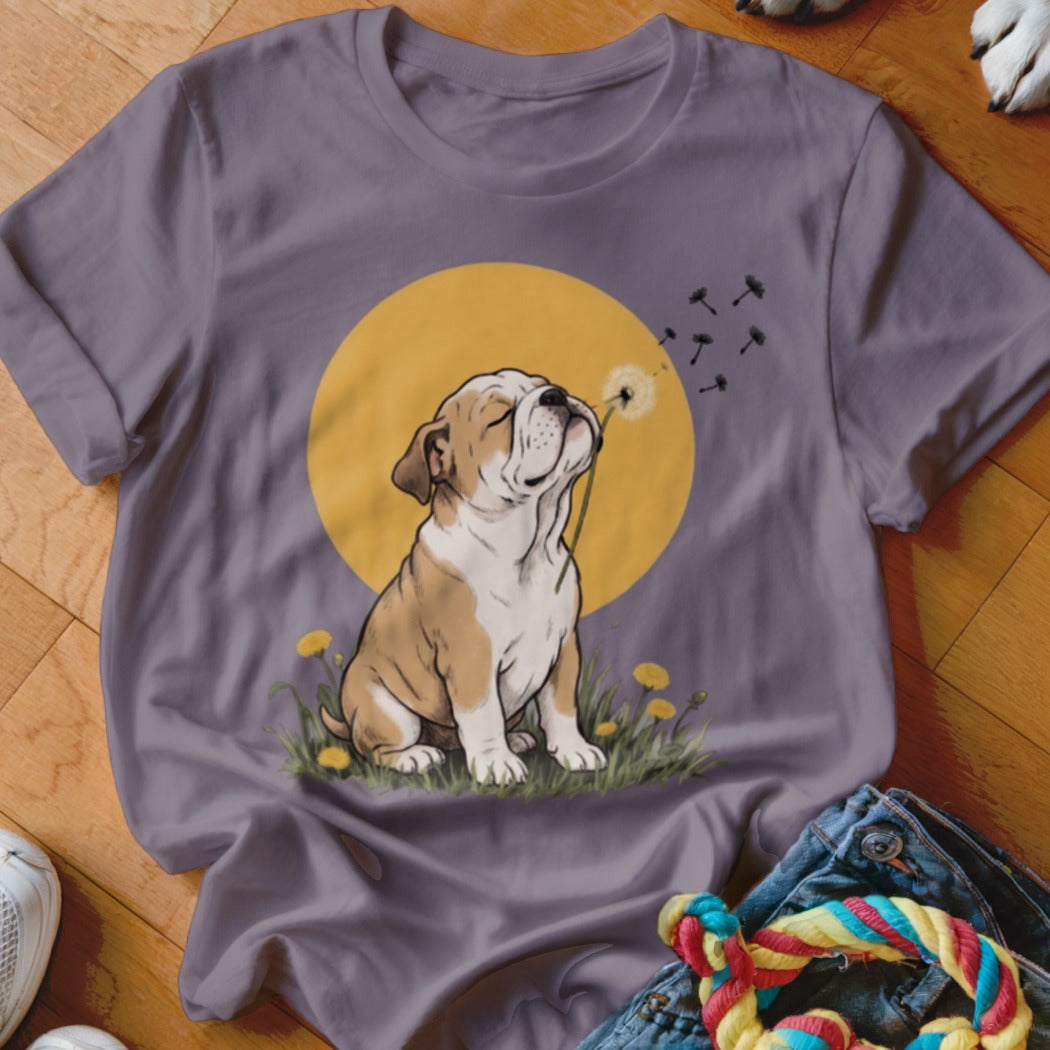 A purple crewneck t-shirt featuring a graphic of a bulldog blowing dandelion seeds against a yellow circle background.