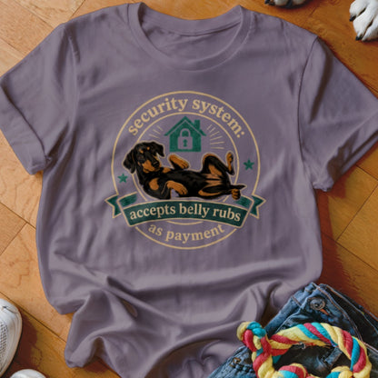Dachshund graphic on shirt: "security system: accepts belly rubs as payment."