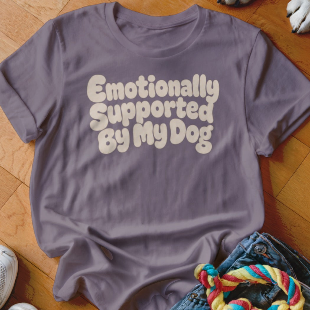Lavender t-shirt with "Emotionally Supported By My Dog" text.