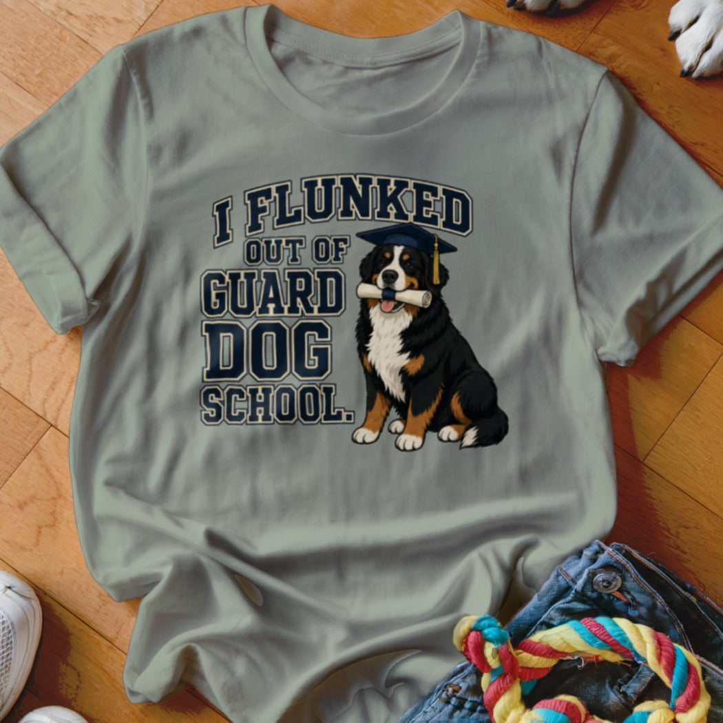 Bernese Mountain Dog in graduation cap holds diploma, text reads "I Flunked Out Of Guard Dog School."