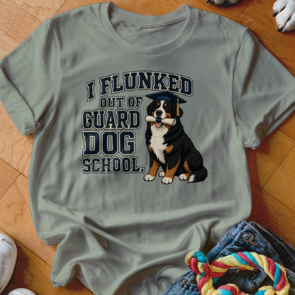 Bernese Mountain Dog in graduation cap holds diploma, text reads "I Flunked Out Of Guard Dog School."