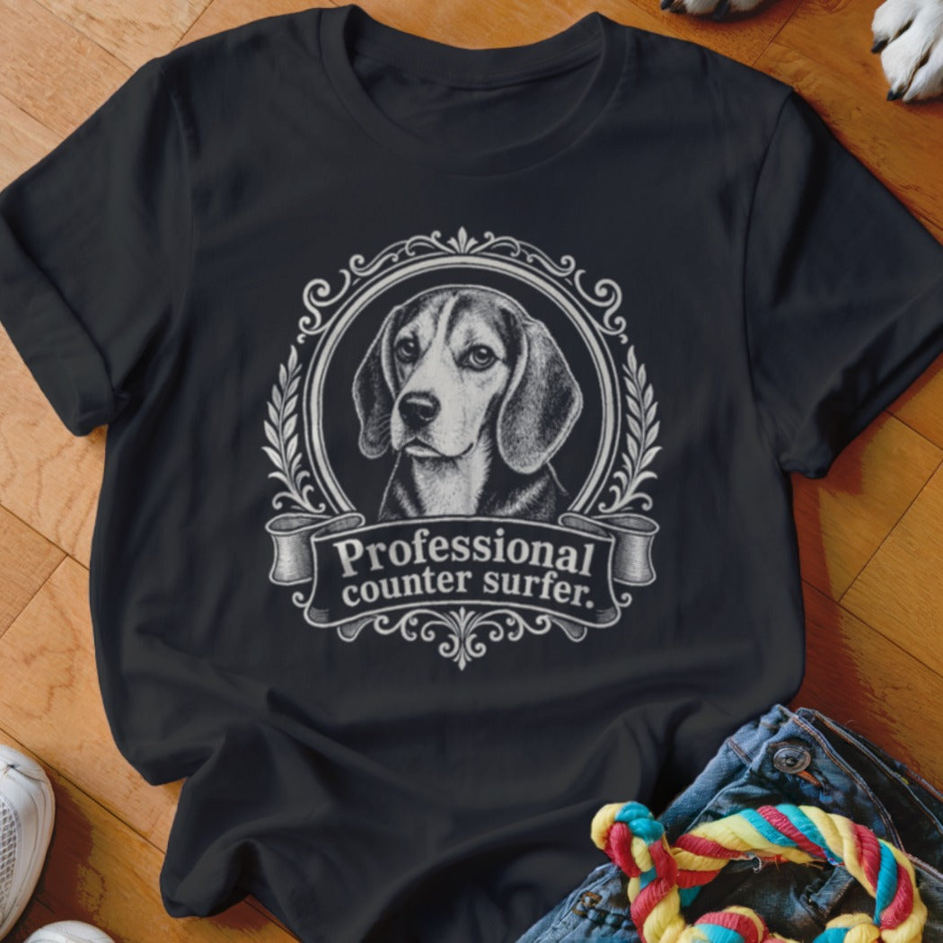 Black t-shirt with beagle portrait in a laurel wreath and text "Professional counter surfer."