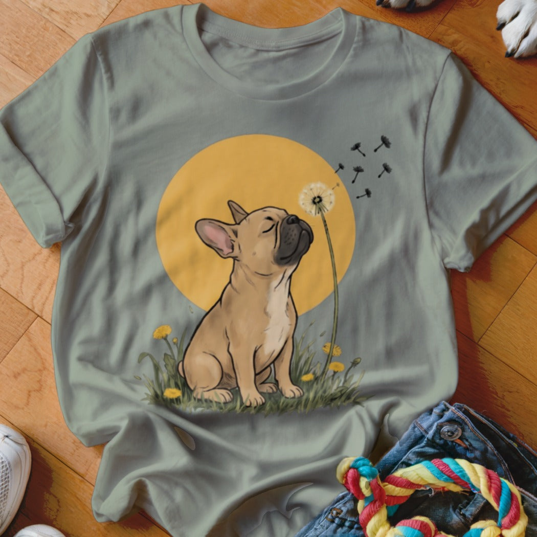 A sage green crewneck t-shirt featuring an illustration of a French bulldog blowing dandelion seeds against a yellow sun.