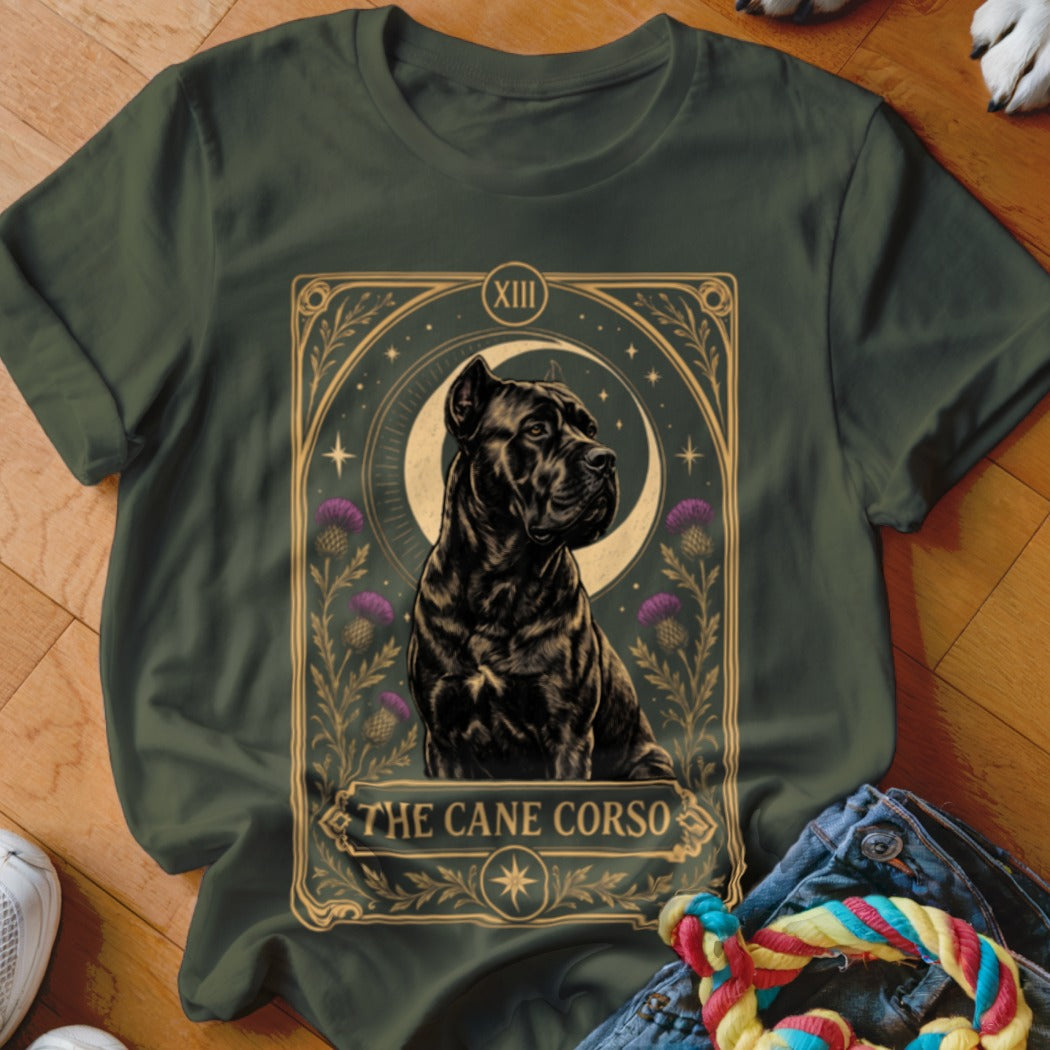 Dark green t-shirt featuring a tarot card graphic of a Cane Corso dog with the text THE CANE CORSO.