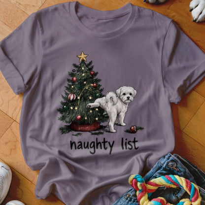 White dog next to Christmas tree with "naughty list" text.