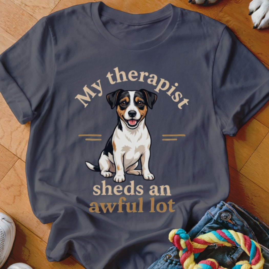 Dark grey t-shirt with "My therapist sheds an awful lot" and a dog illustration.