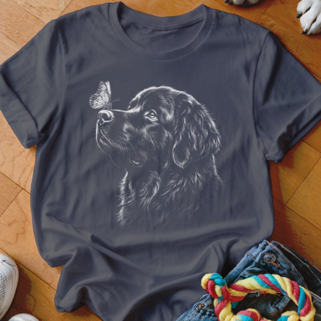 Dark grey t-shirt featuring a white line drawing of a dog looking at a butterfly.
