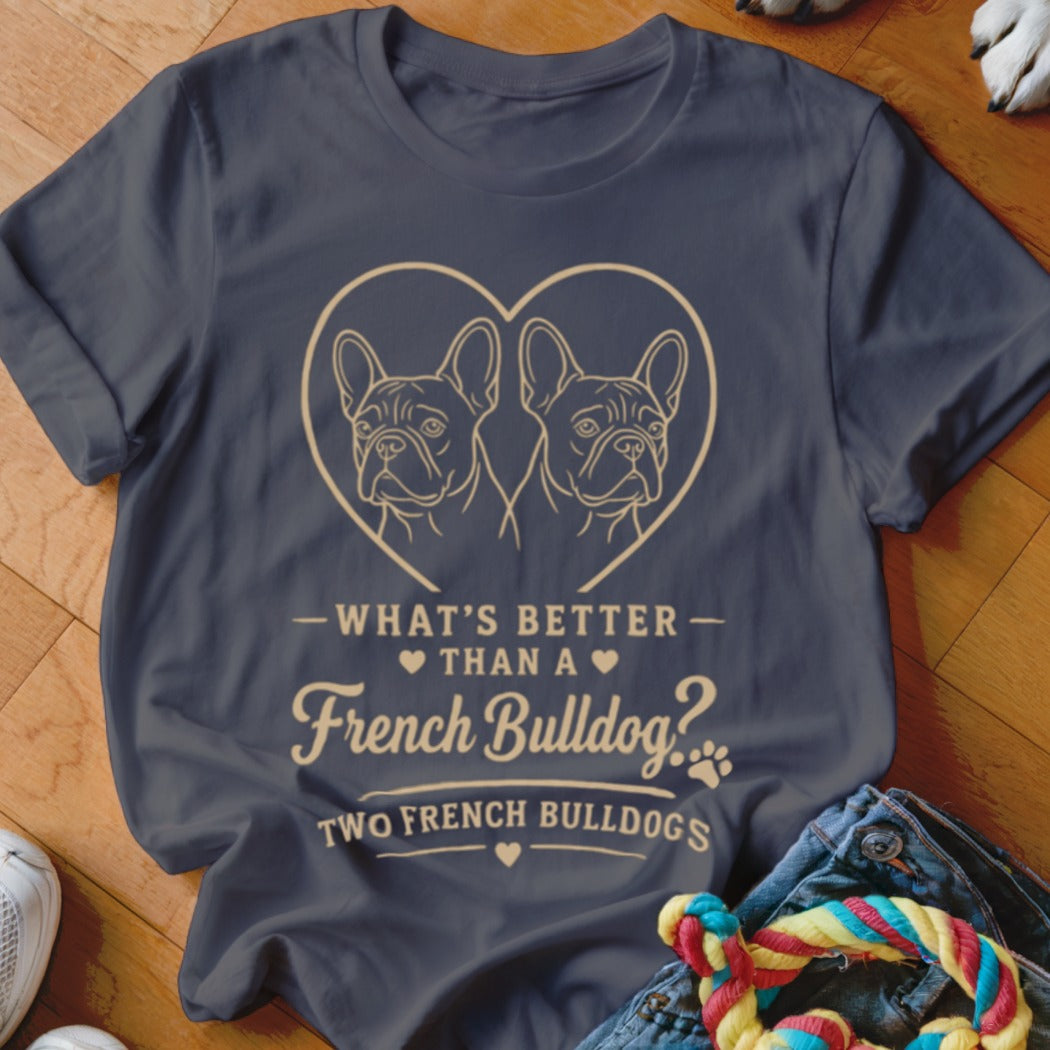 Dark grey t-shirt with two French Bulldogs inside a heart and text "Two French Bulldogs".