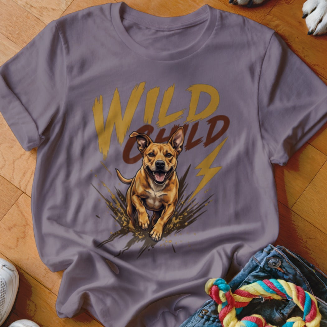 Purple crewneck t-shirt featuring a graphic of a running dog and the text Wild Child.