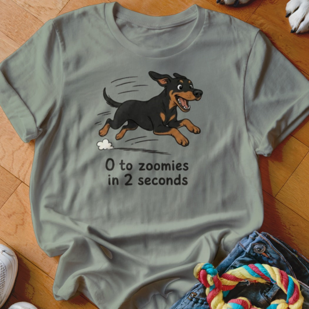 Gray t-shirt with cartoon dog running and text "O to zoomies in 2 seconds".