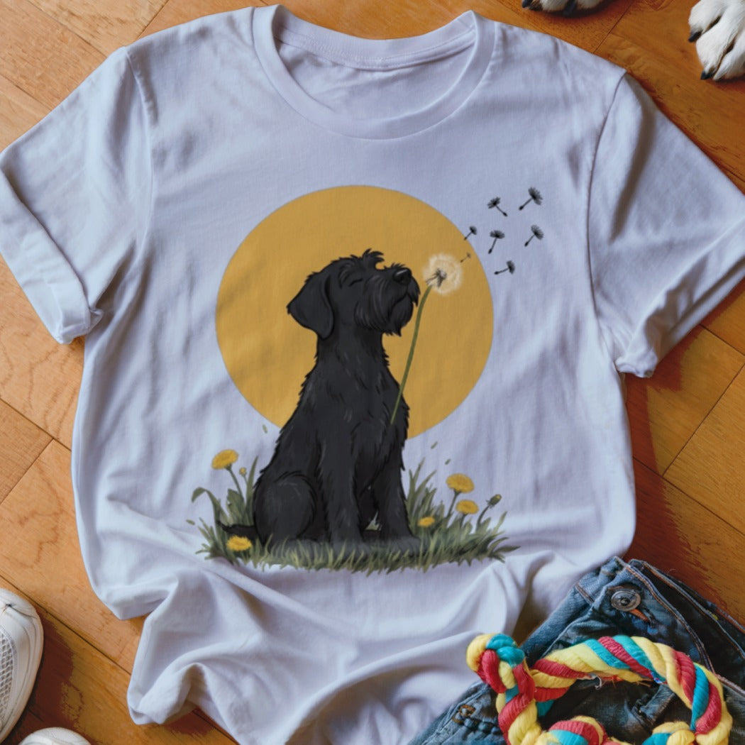 A white t-shirt featuring an illustration of a black dog blowing on a dandelion against a yellow circle.
