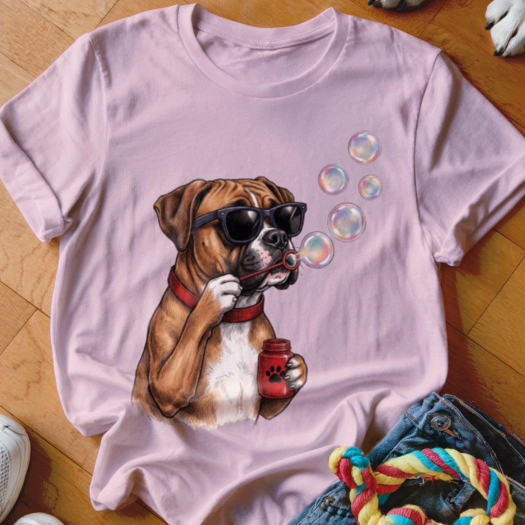 A light pink t-shirt displays a graphic of a boxer dog wearing sunglasses and blowing bubbles.