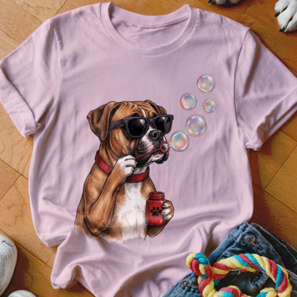 A light pink t-shirt displays a graphic of a boxer dog wearing sunglasses and blowing bubbles.