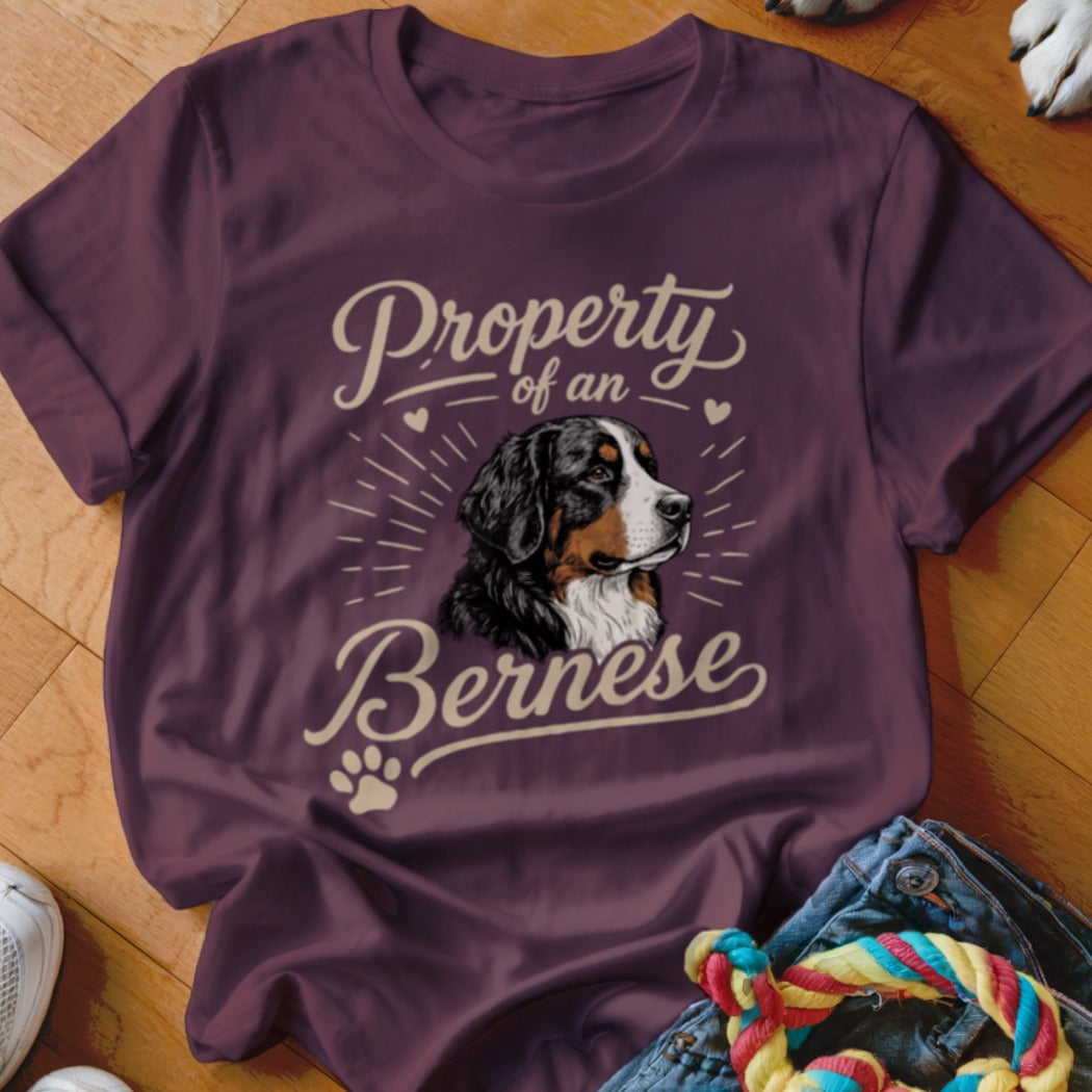 Maroon t-shirt featuring a Bernese Mountain Dog graphic and the text Property of a Bernese.