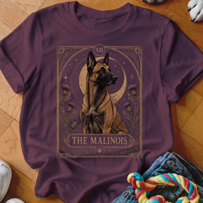 Malinois dog with celestial and thistle design on a purple t-shirt.