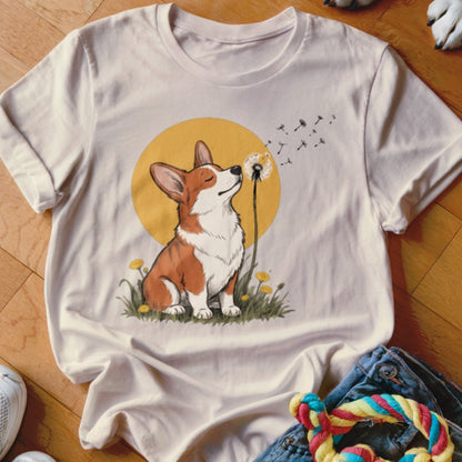 A cream-colored t-shirt with a graphic of a corgi blowing dandelion seeds against a yellow circle background.