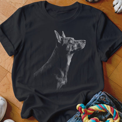 Black t-shirt with a black and white portrait of a dog's head in profile.