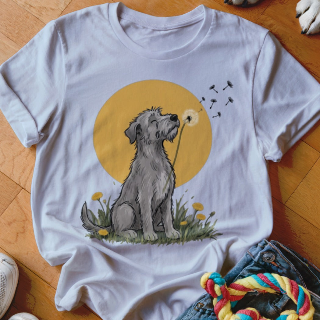 A white short-sleeved t-shirt featuring an illustration of a gray dog blowing dandelion seeds against a yellow sun.