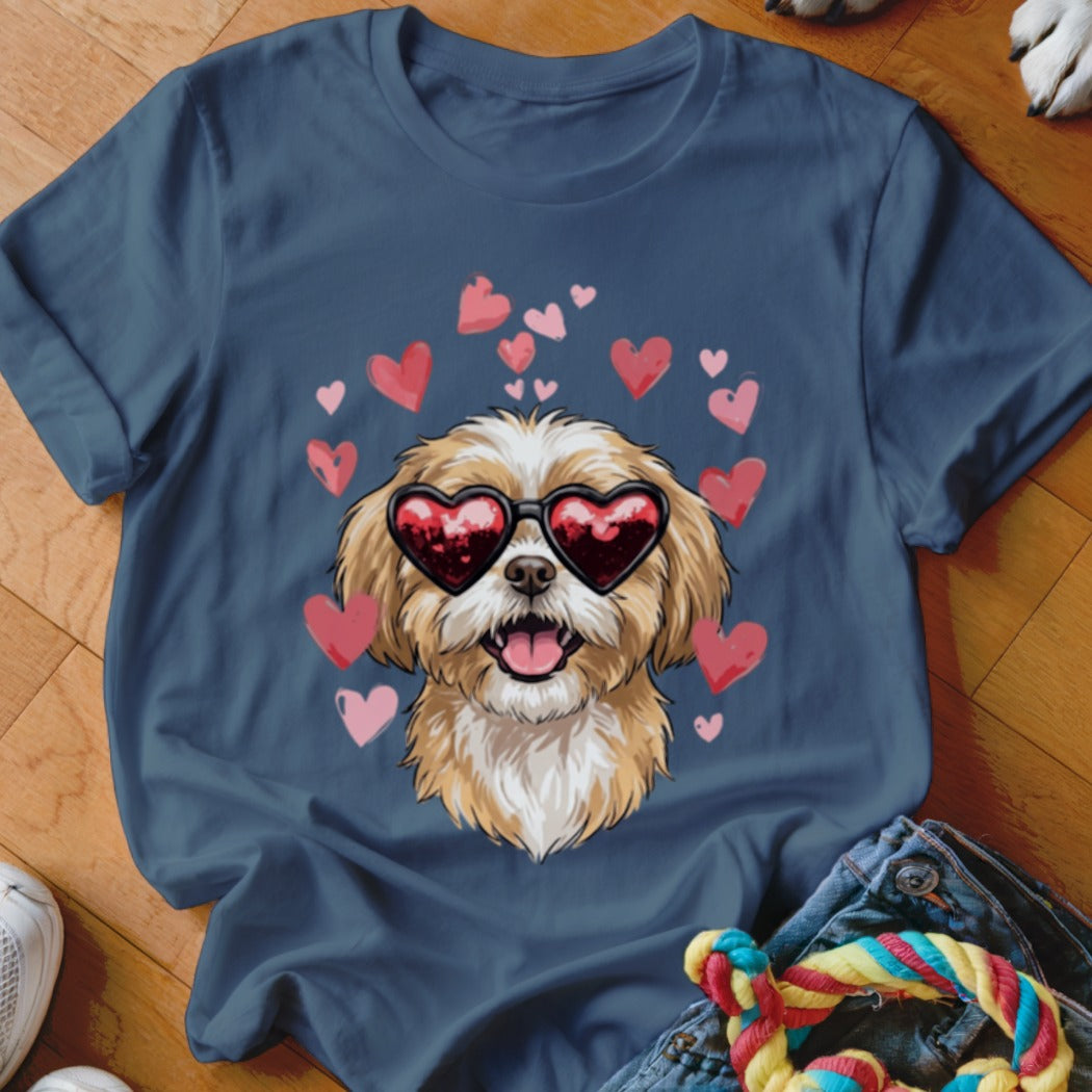 Dark blue crewneck t-shirt featuring a graphic of a fluffy dog wearing heart-shaped sunglasses, surrounded by pink hearts.