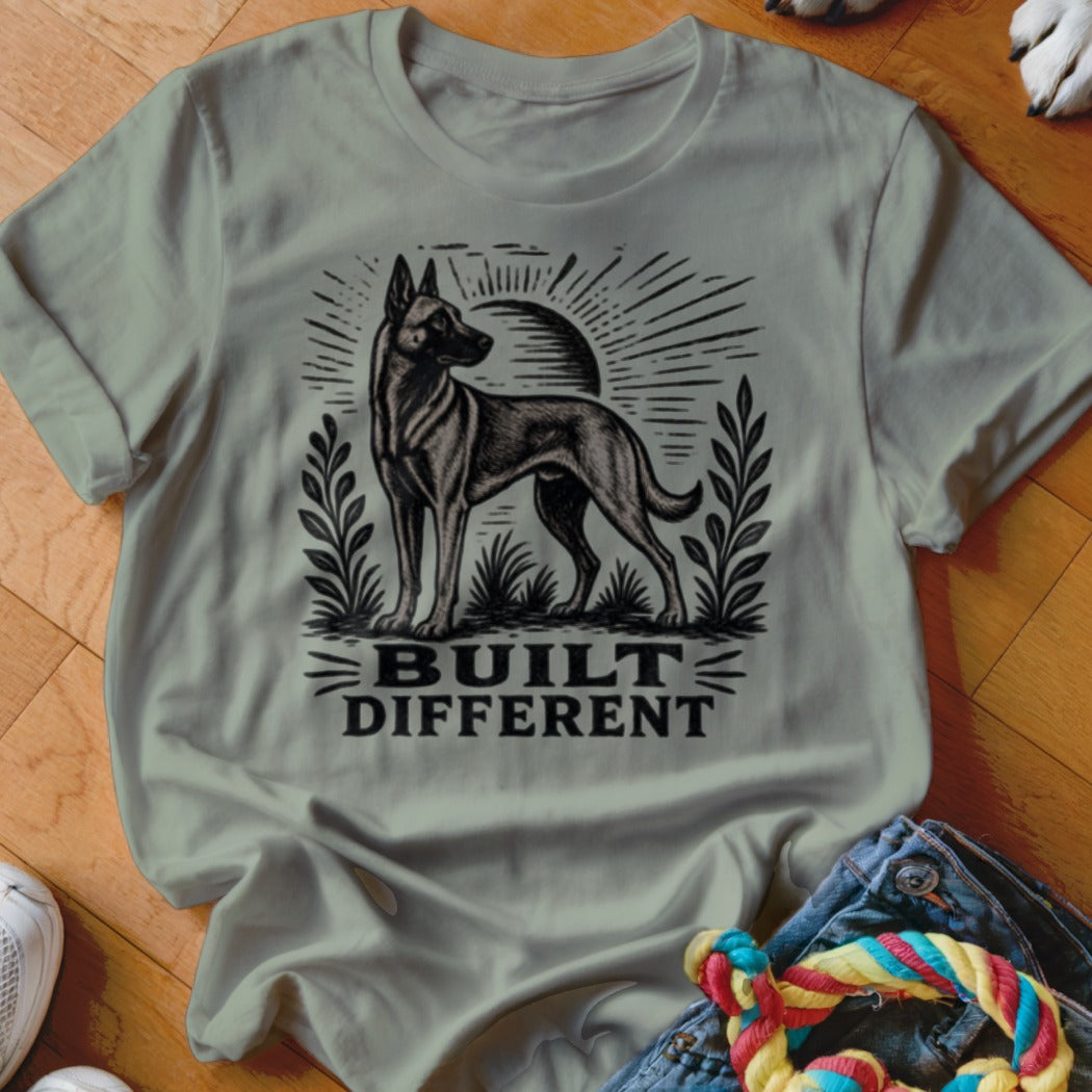T-shirt features a dog graphic with "BUILT DIFFERENT" text below.