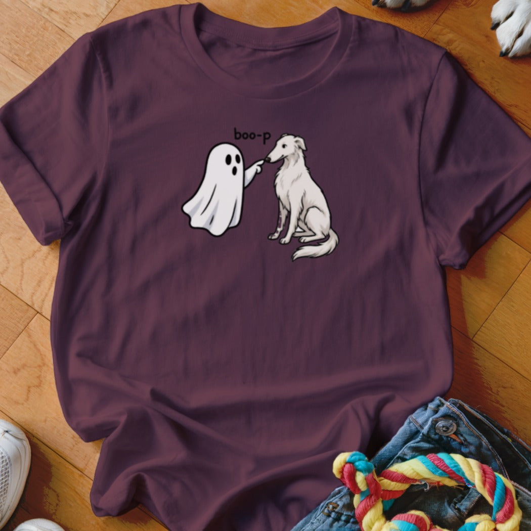 Ghost booping a sitting white dog, text "boo-p" above.