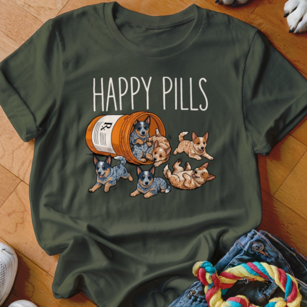 T-shirt with "HAPPY PILLS" text and a bottle spilling out Australian Cattle Dog puppies.