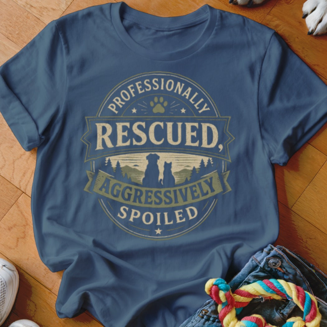 Navy t-shirt with "Professionally Rescued, Aggressively Spoiled" text and pet silhouettes.