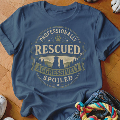 Navy t-shirt with "Professionally Rescued, Aggressively Spoiled" text and pet silhouettes.