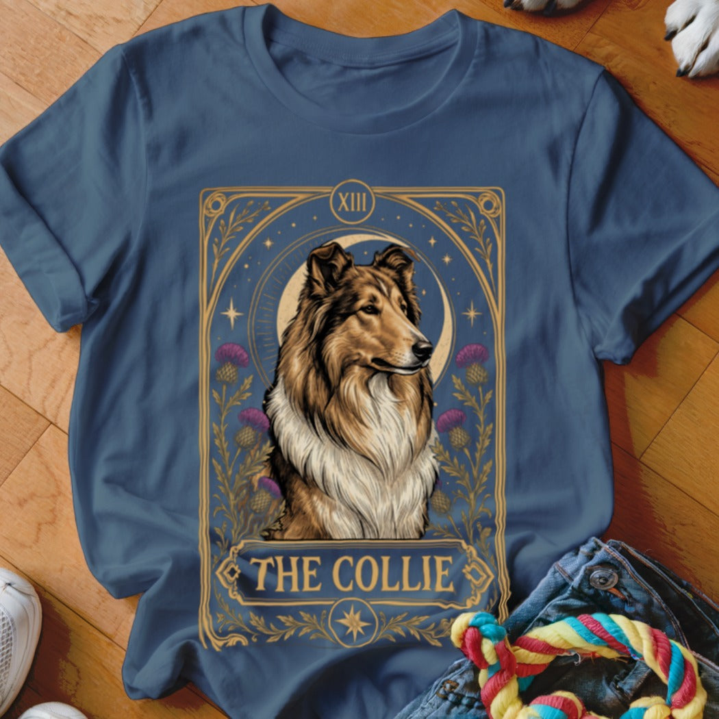 Blue crewneck t-shirt featuring a tarot card graphic of a collie and the text "The Collie".