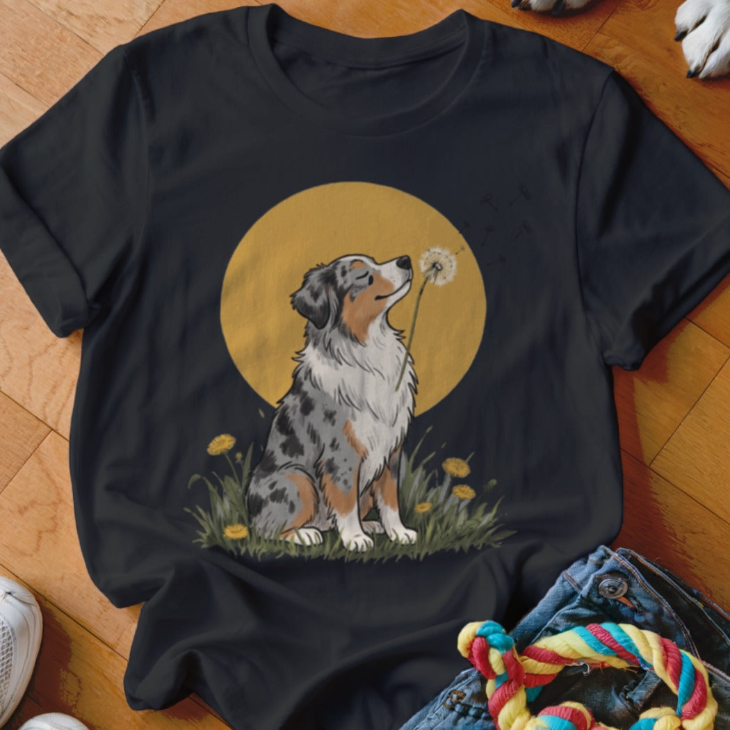 A black t-shirt features a graphic of a blue merle Australian Shepherd sniffing a dandelion in a grassy field against a yellow sun.