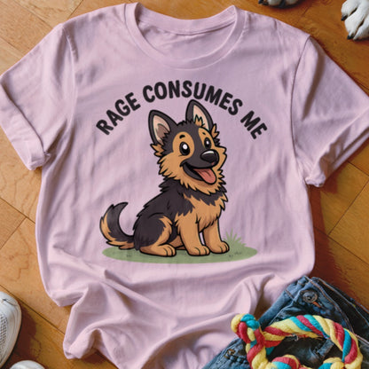 Pink t-shirt with a cartoon German Shepherd and text "Rage Consumes Me."
