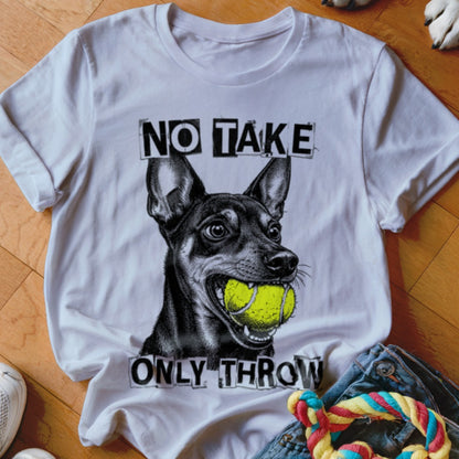 T-shirt with a dog holding a tennis ball in its mouth and text "NO TAKE ONLY THROW".