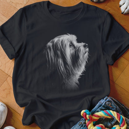 Black t-shirt with a close-up black and white portrait of a long-haired dog.