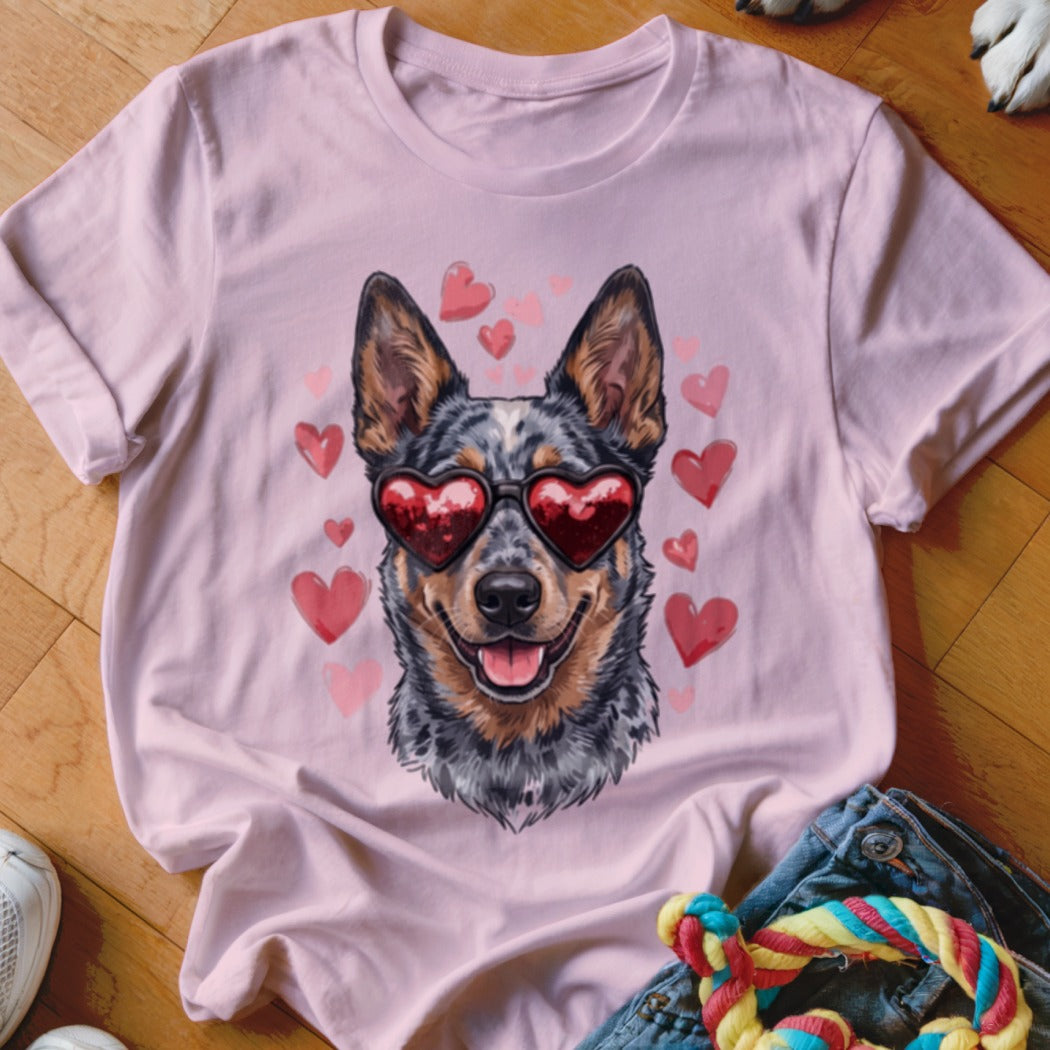 Light pink t-shirt featuring a graphic of an Australian Cattle Dog wearing heart-shaped sunglasses surrounded by pink hearts.